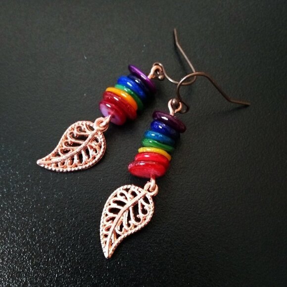 7 Chakras! Rainbow Colors! Copper Leaf Earrings! Meditation - Reiki - Picture 1 of 4